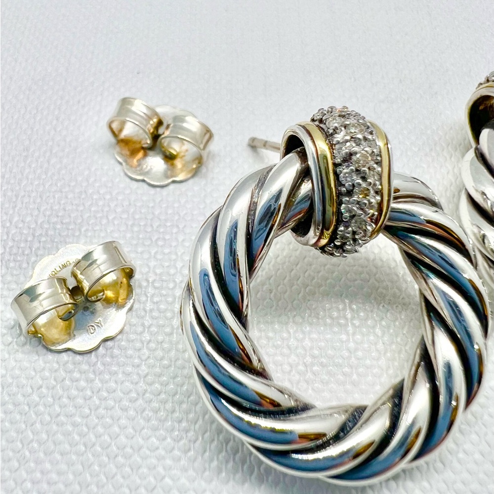 David Yurman Sterling Silver 18k Diamond Cable Door Knocker Earrings - Picture 6 of 12